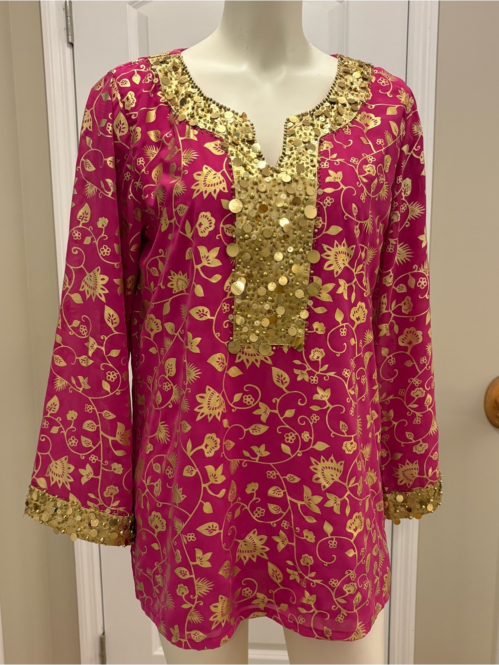 Gold-Embellished Fuchsia Floral Tunic Top